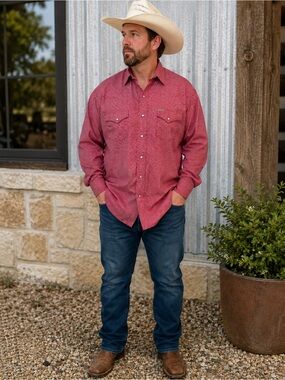 Rafter C Cowboy Collection Men's Red Western Long-Sleeve Button-Up Shirt